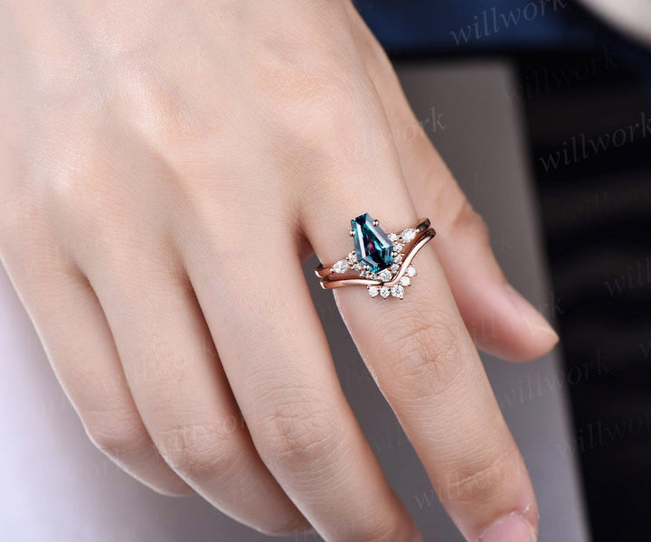 Coffin shaped Alexandrite ring unique engagement ring rose gold marquise cut diamond ring for women stacking promise wedding ring set gifts