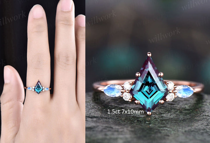 Alexandrite wedding ring set 7x10mm kite cut Alexandrite engagement ring set 14k rose gold moonstone ring women June birthstone ring gifts