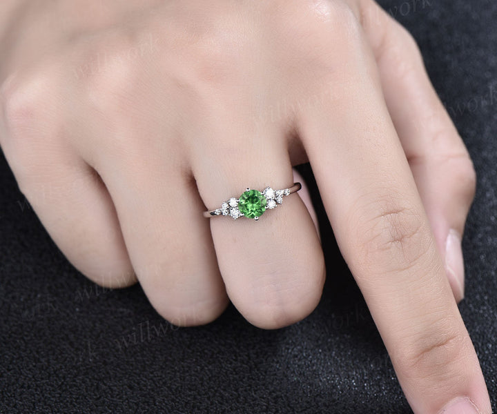 0.5ct Natural Tsavorite ring round cut Tsavorite engagement ring white gold snowdrift diamond ring 6 prong dainty unique wedding ring women