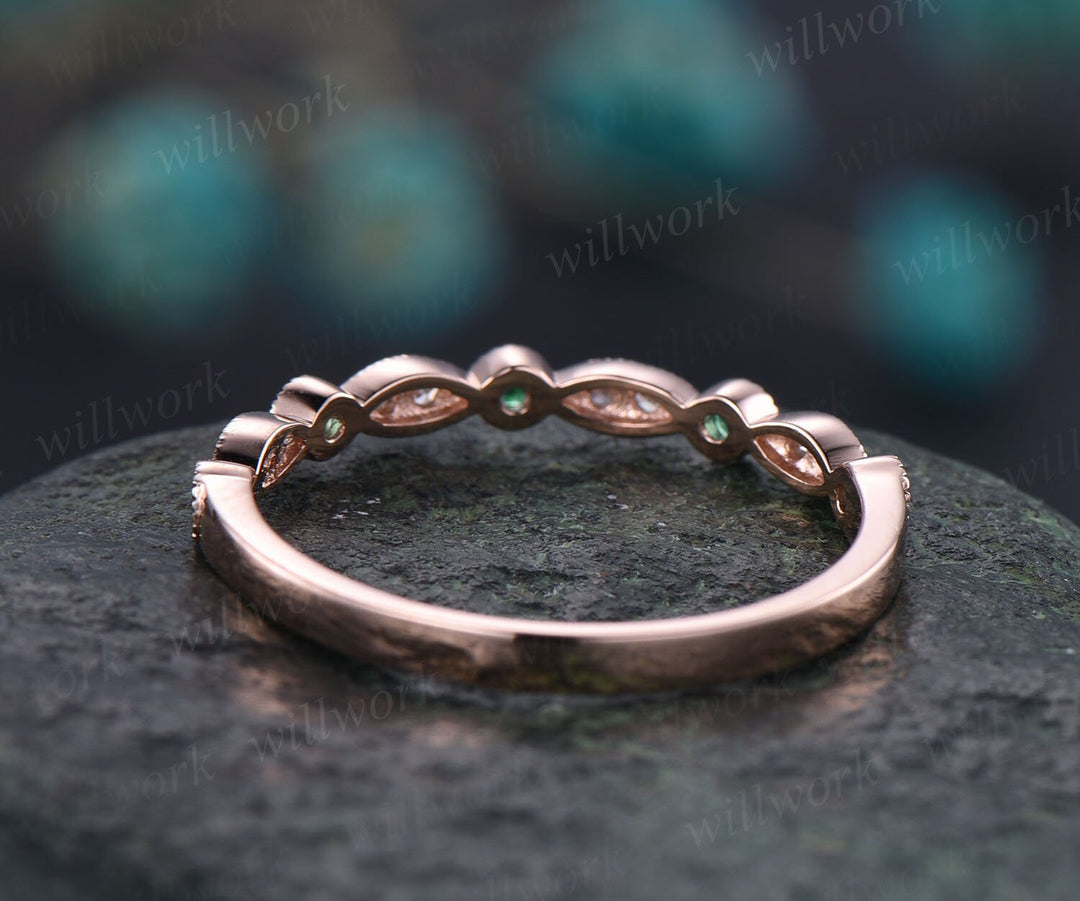 Natural tsavorite wedding band Milgrain diamond wedding ring 14k rose gold half eternity art deco matching stacking anniversary ring gifts