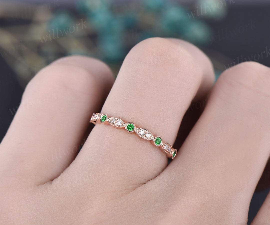 Natural tsavorite wedding band Milgrain diamond wedding ring 14k rose gold half eternity art deco matching stacking anniversary ring gifts