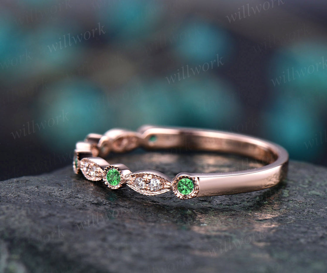 Natural tsavorite wedding band Milgrain diamond wedding ring 14k rose gold half eternity art deco matching stacking anniversary ring gifts