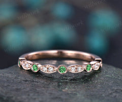 Natural tsavorite wedding band Milgrain diamond wedding ring 14k rose gold half eternity art deco matching stacking anniversary ring gifts