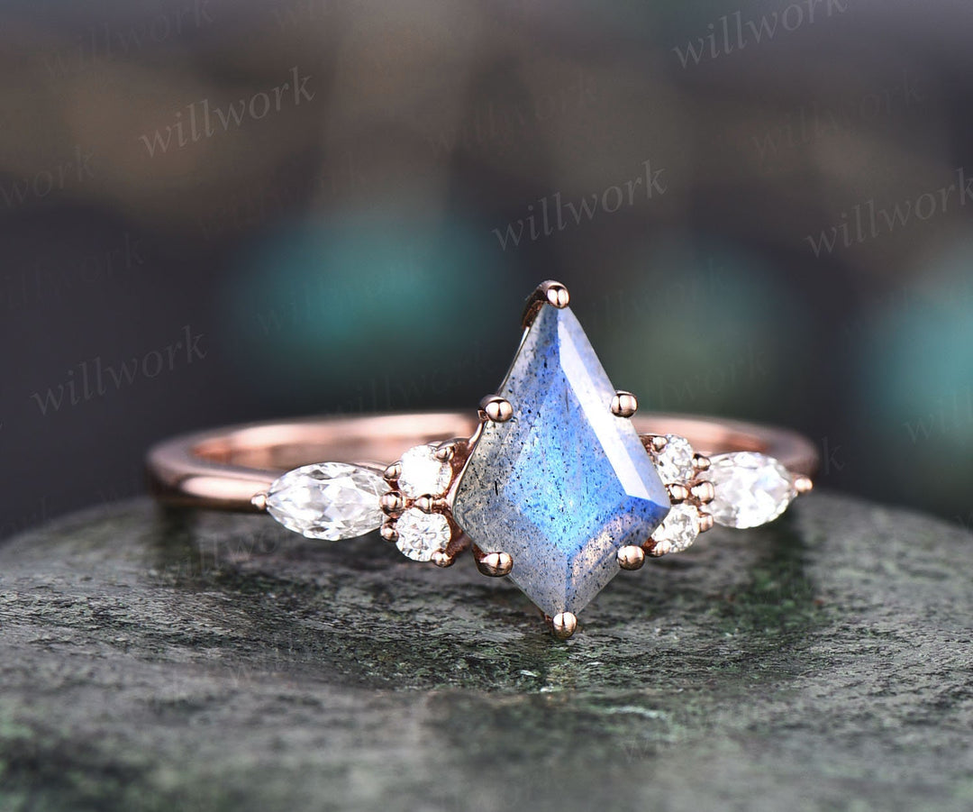 Vintage kite cut blue Labradorite engagement ring set 14k rose gold marquise cut diamond ring for women unique bridal wedding ring set gifts
