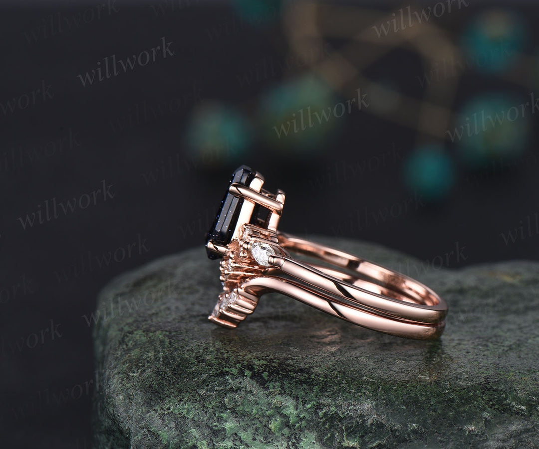 Unique Coffin shaped blue goldstone sandstone engagement ring set rose gold marquise diamond moissanite bridal wedding ring set for women