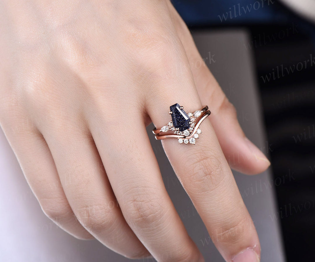 Unique Coffin shaped blue goldstone sandstone engagement ring set rose gold marquise diamond moissanite bridal wedding ring set for women