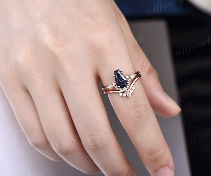 Unique Coffin shaped blue goldstone sandstone engagement ring set rose gold marquise diamond moissanite bridal wedding ring set for women