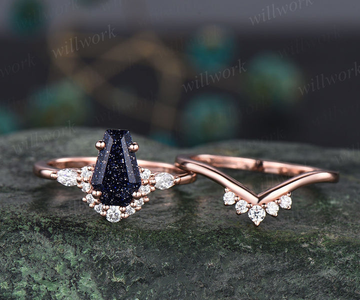 Unique Coffin shaped blue goldstone sandstone engagement ring set rose gold marquise diamond moissanite bridal wedding ring set for women