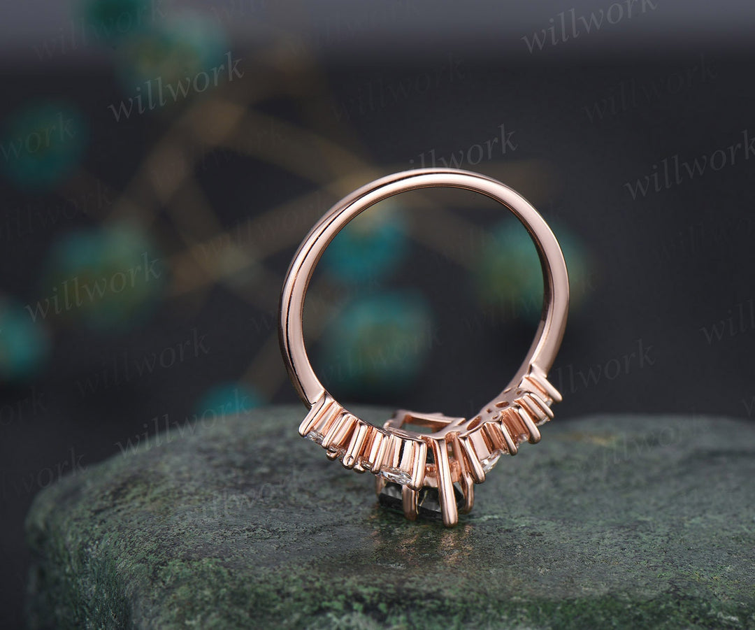 Vintage 7x10mm Kite cut black rutilated quartz engagement ring for women rose gold unique diamond wedding ring leaf marquise cut ring gifts