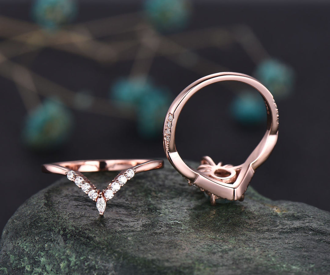 Vintage pear shaped black Rutilated Quartz engagement ring set 14k rose gold twisted infinity moissanite wedding bridal ring set women gifts