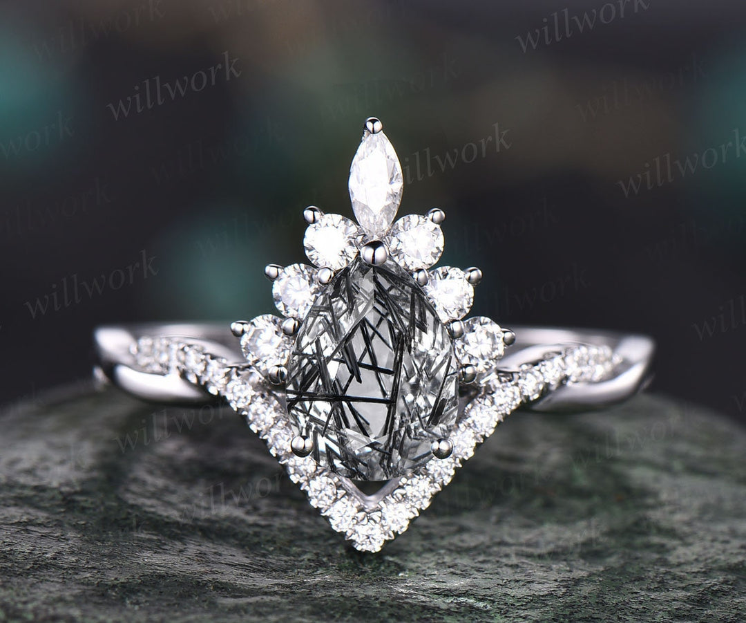 Vintage pear shaped black Rutilated Quartz engagement ring set 14k rose gold twisted infinity moissanite wedding bridal ring set women gifts