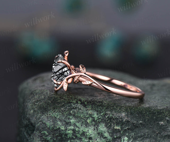Oval cut black Rutilated Quartz ring nature inspired engagement ring leaf 14k rose gold silver solitaire ring vintage wedding ring women