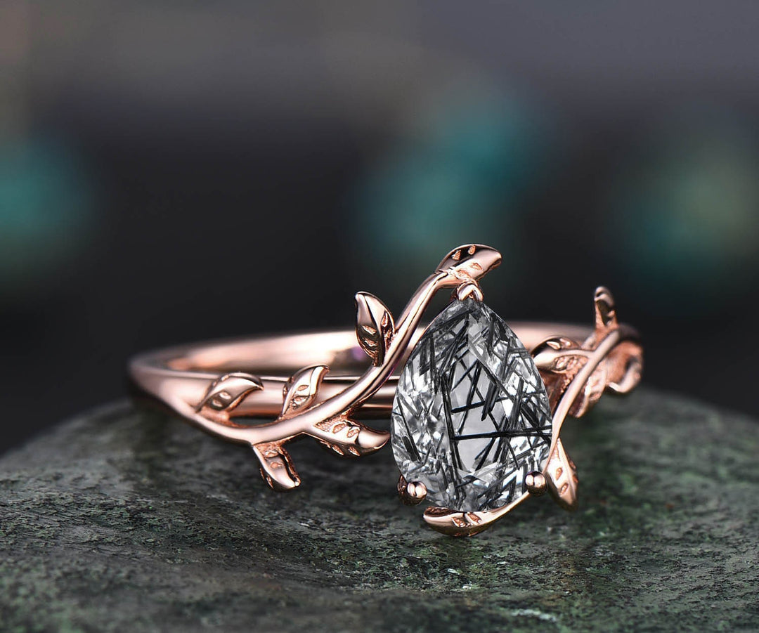 Pear shaped black rutilated quartz ring nature inspired engagement ring leaf 14k rose gold silver solitaire ring unique wedding ring women