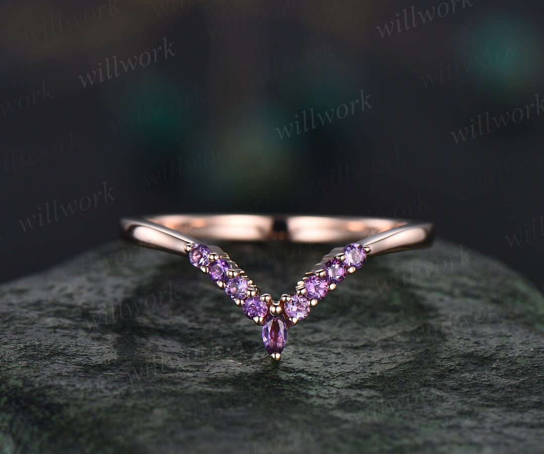 Alexandrite wedding ring set long hexagon cut Alexandrite engagement ring three stone rose gold amethyst ring moissanite promise ring women