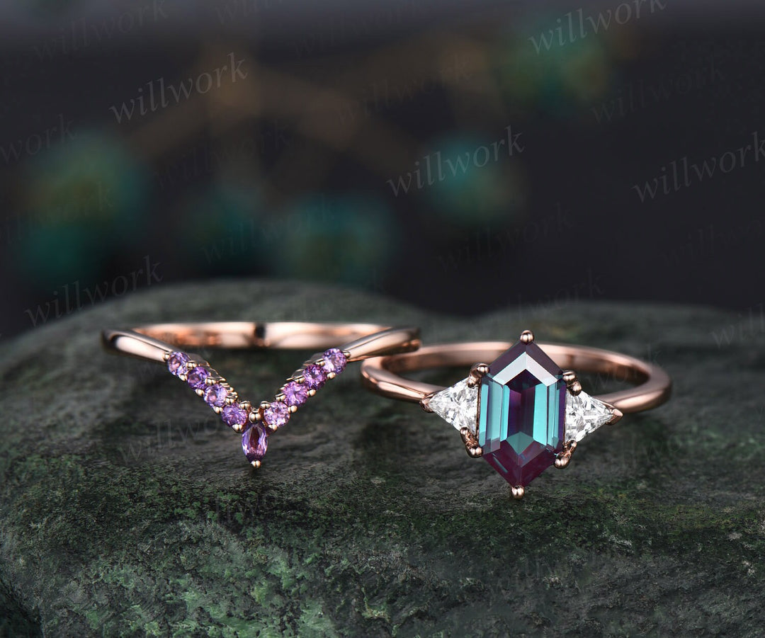 Alexandrite wedding ring set long hexagon cut Alexandrite engagement ring three stone rose gold amethyst ring moissanite promise ring women