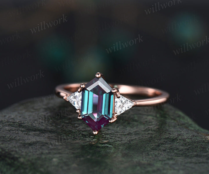 Alexandrite wedding ring set long hexagon cut Alexandrite engagement ring three stone rose gold amethyst ring moissanite promise ring women