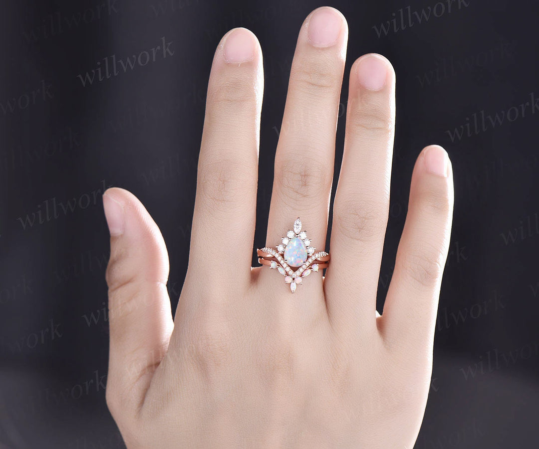 Opal ring gold women vintage pear opal engagement ring set rose gold marquise ring set Twisted moissanite ring dainty custom wedding ring