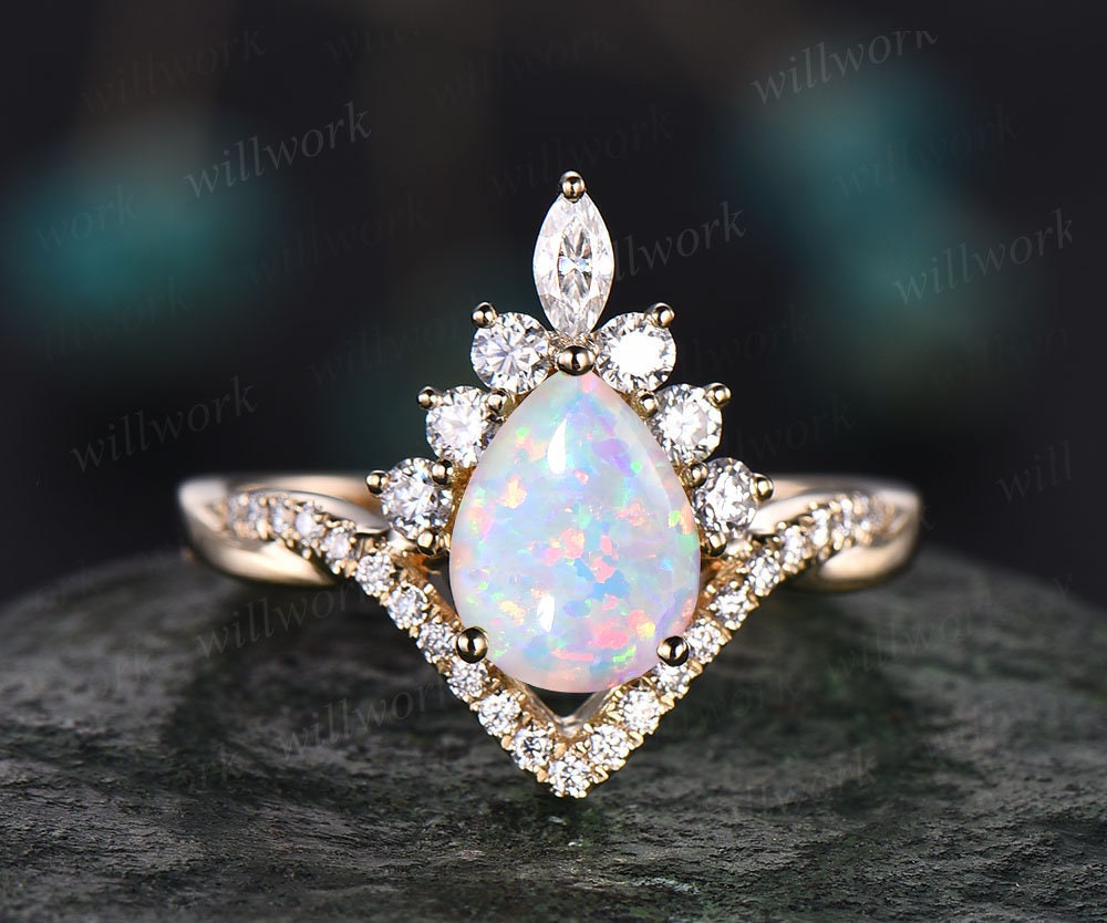 Opal ring gold women vintage pear opal engagement ring set rose gold marquise ring set Twisted moissanite ring dainty custom wedding ring