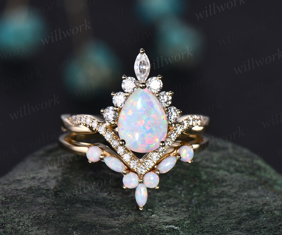 Opal ring gold women vintage pear opal engagement ring set rose gold marquise ring set Twisted moissanite ring dainty custom wedding ring