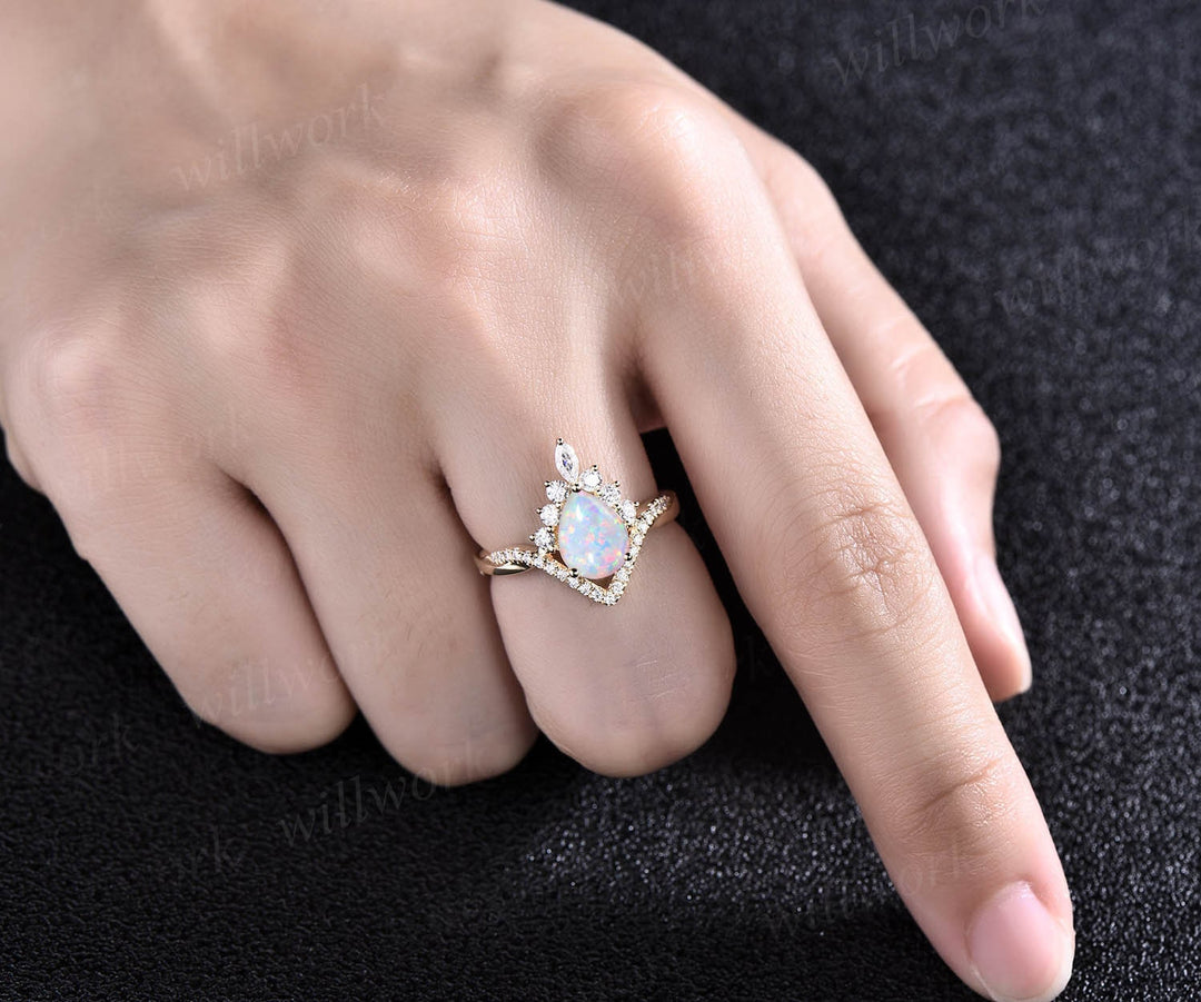 Opal ring gold women vintage pear opal engagement ring set rose gold marquise ring set Twisted moissanite ring dainty custom wedding ring