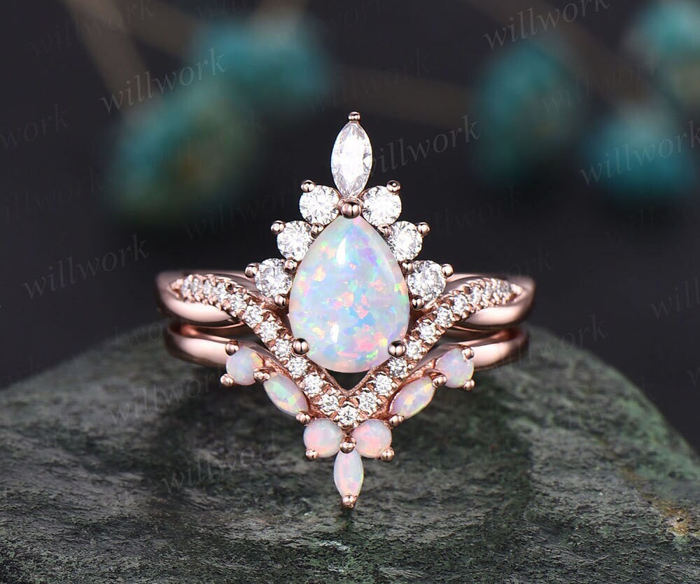 Opal ring gold women vintage pear opal engagement ring set rose