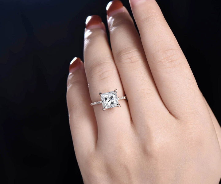 4ct moissanite ring vintage princess cut moissanite engagement ring 14k rose gold unique pyramid under halo basket diamond ring women her