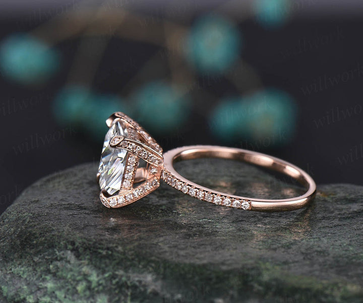 4ct moissanite ring vintage princess cut moissanite engagement ring 14k rose gold unique pyramid under halo basket diamond ring women her