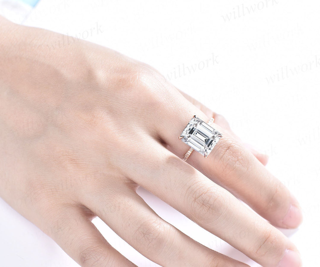 6ct 10x12mm emerald cut moissanite engagement ring 14k rose gold under halo basket diamond ring unique wedding promise ring women jewelry