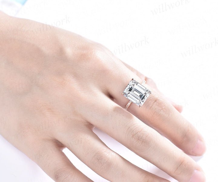 6ct 10x12mm emerald cut moissanite engagement ring 14k rose gold under halo basket diamond ring unique wedding promise ring women jewelry