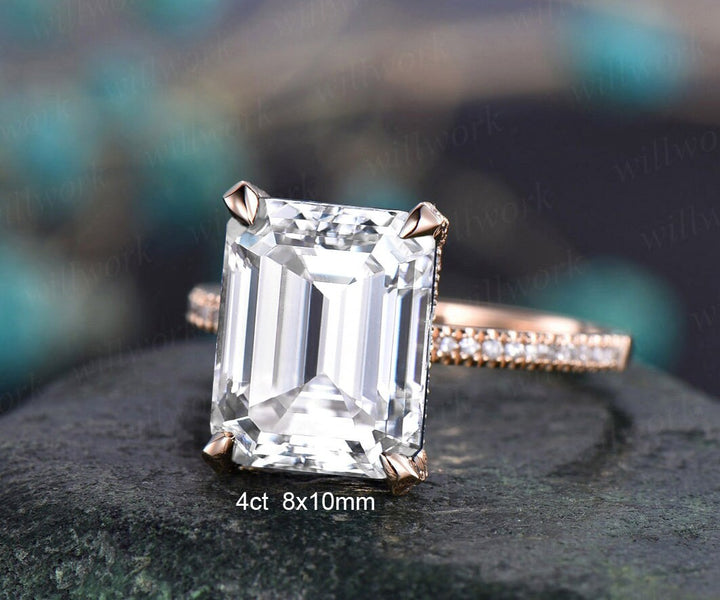 6ct 10x12mm emerald cut moissanite engagement ring 14k rose gold under halo basket diamond ring unique wedding promise ring women jewelry
