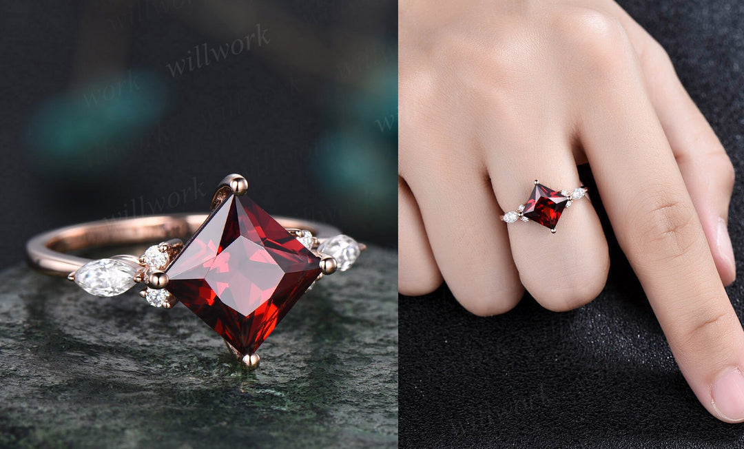 Princess cut garnet ring vintage red garnet engagement ring set rose gold marquise unique engagement ring for women moissanite promise ring