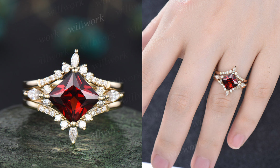 Princess cut garnet ring vintage red garnet engagement ring set rose gold marquise unique engagement ring for women moissanite promise ring