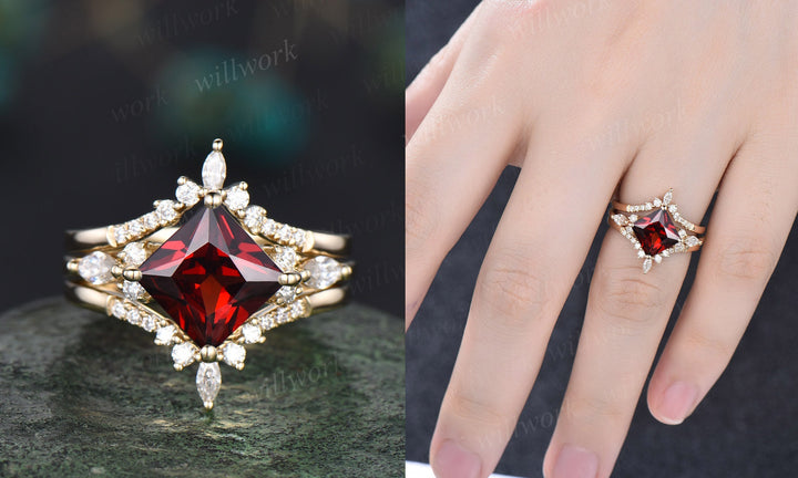 Princess cut garnet ring vintage red garnet engagement ring set rose gold marquise unique engagement ring for women moissanite promise ring