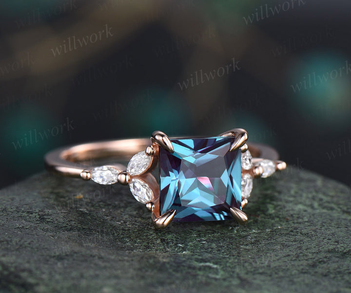 4ct Alexandrite ring unique princess cut engagement ring 14k rose gold flower marquise cut diamond ring women promise anniversary ring gifts