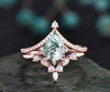 Pear shaped green moss agate ring cluster engagement ring set 14k rose gold moissanite opal ring women unique bridal anniversary ring set