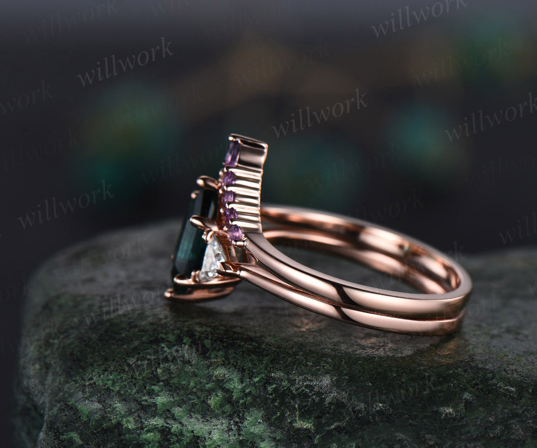 Amethyst emerald ring set women vintage three stone engagement ring set solid 14k rose gold 6 prong moissanite promise ring set her gifts