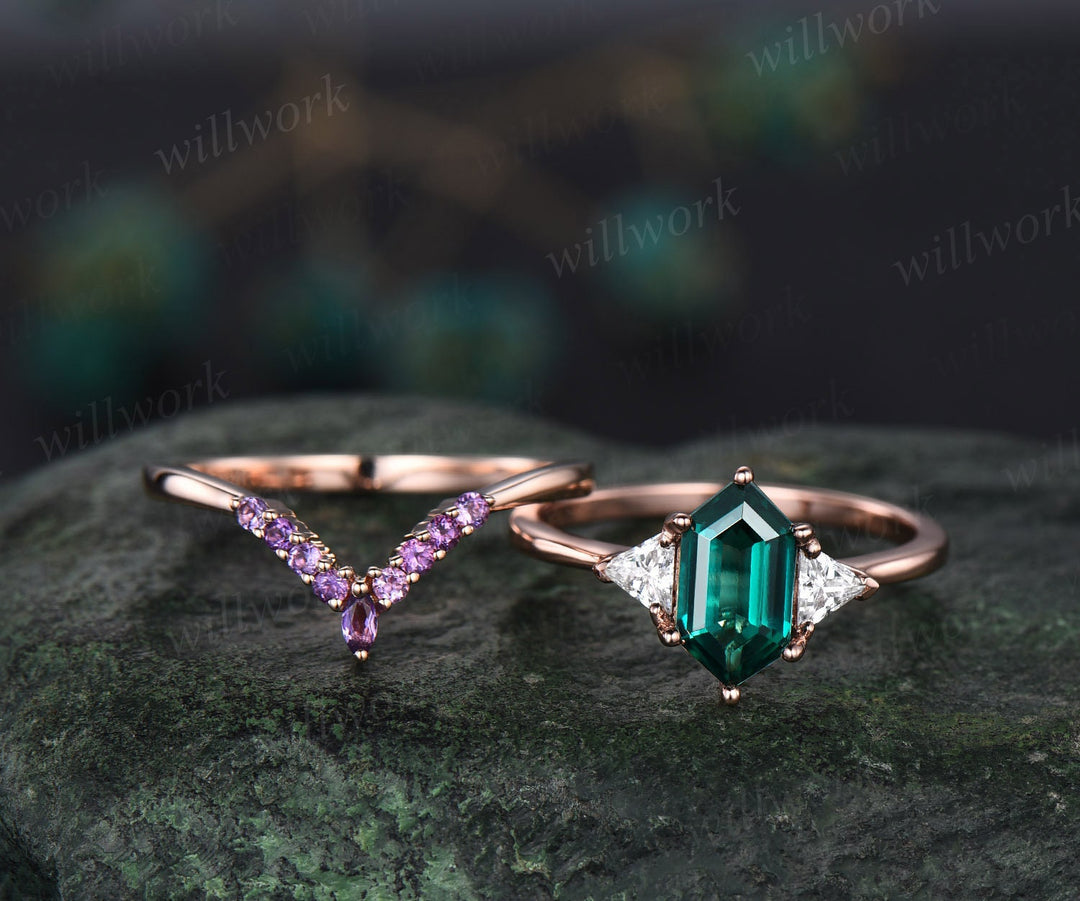 Amethyst emerald ring set women vintage three stone engagement ring set solid 14k rose gold 6 prong moissanite promise ring set her gifts