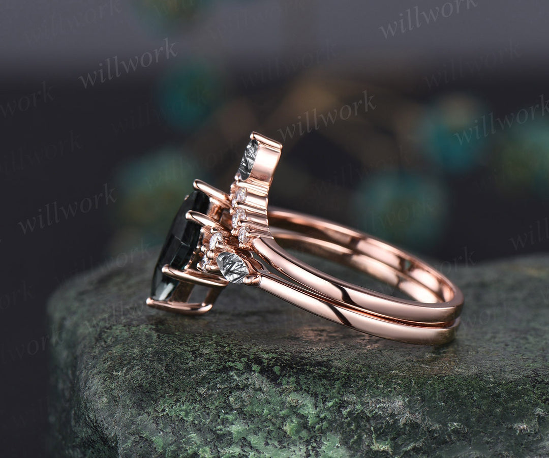 Vintage kite cut black rutilated quartz engagement ring set marquise cut ring 14k rose gold unique diamond promise wedding ring set women