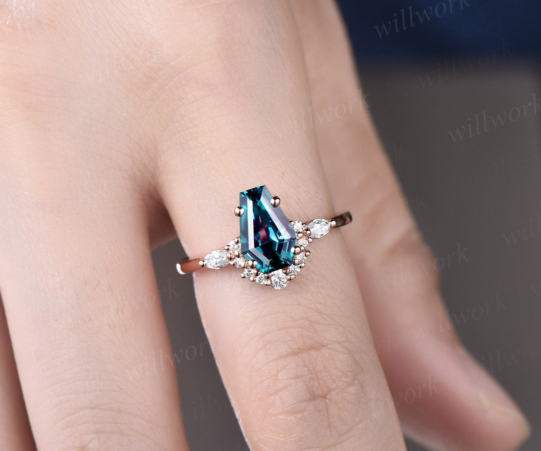 Coffin shaped Alexandrite ring unique engagement ring rose gold marquise cut diamond ring for women stacking promise wedding ring set gifts