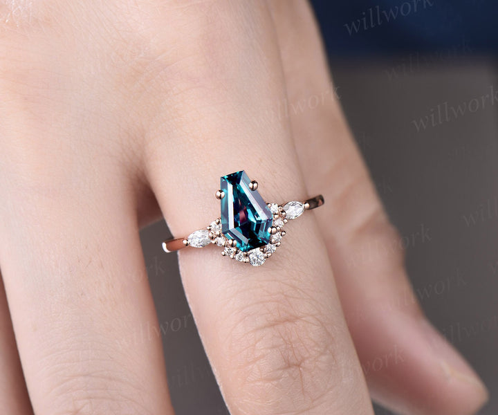 Coffin shaped Alexandrite ring unique engagement ring rose gold marquise cut diamond ring for women stacking promise wedding ring set gifts