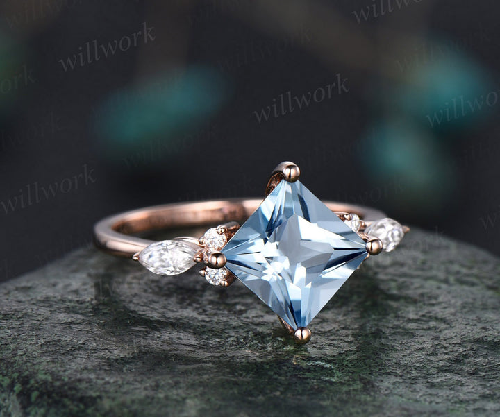 Vintage princess cut aquamarine engagement ring set rose gold unique engagement ring art deco moissanite promise wedding ring set for women