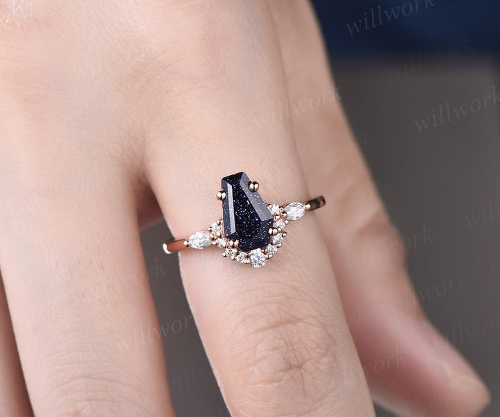 Unique Coffin shaped blue goldstone sandstone engagement ring set rose gold marquise diamond moissanite bridal wedding ring set for women