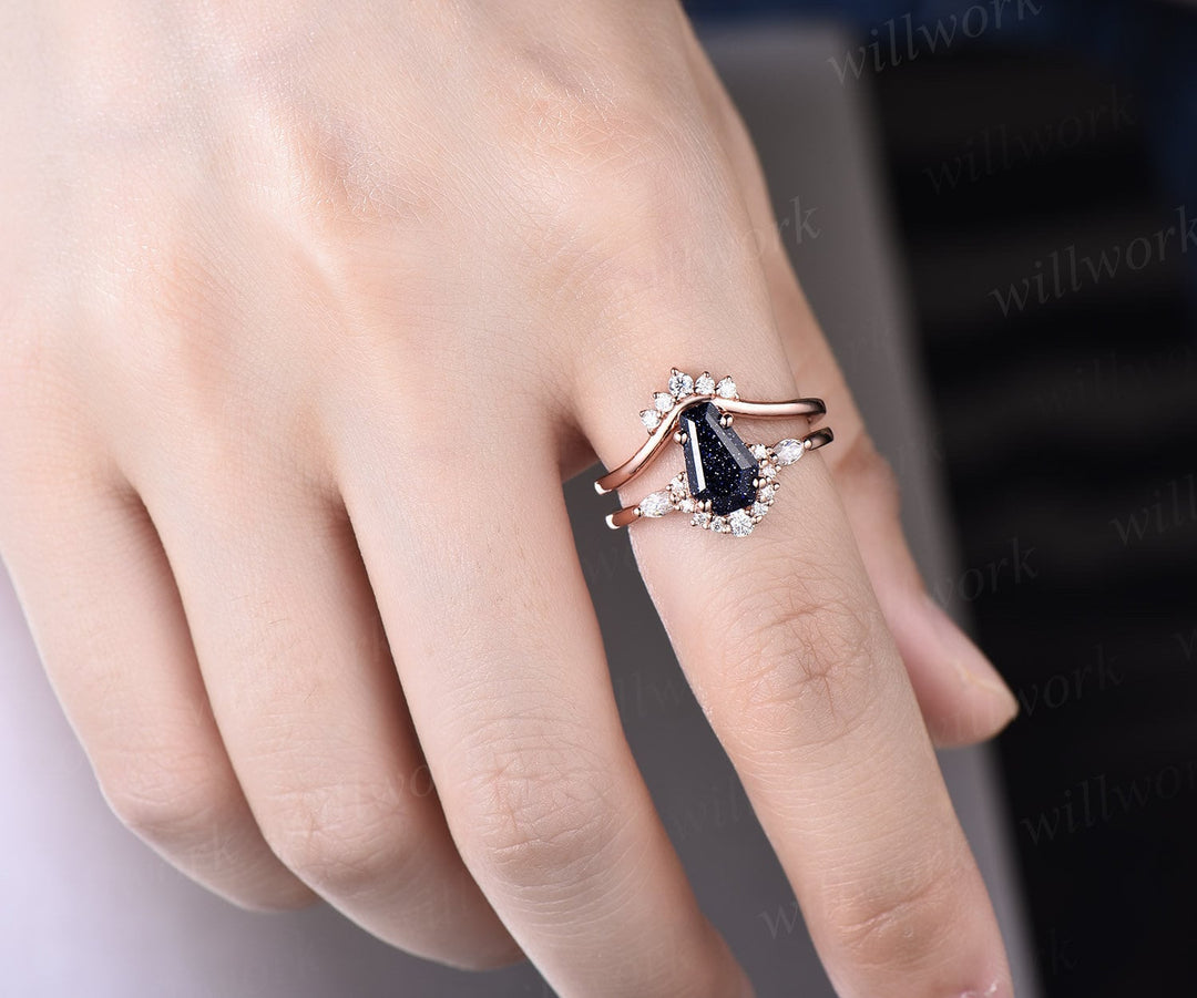 Unique Coffin shaped blue goldstone sandstone engagement ring set rose gold marquise diamond moissanite bridal wedding ring set for women
