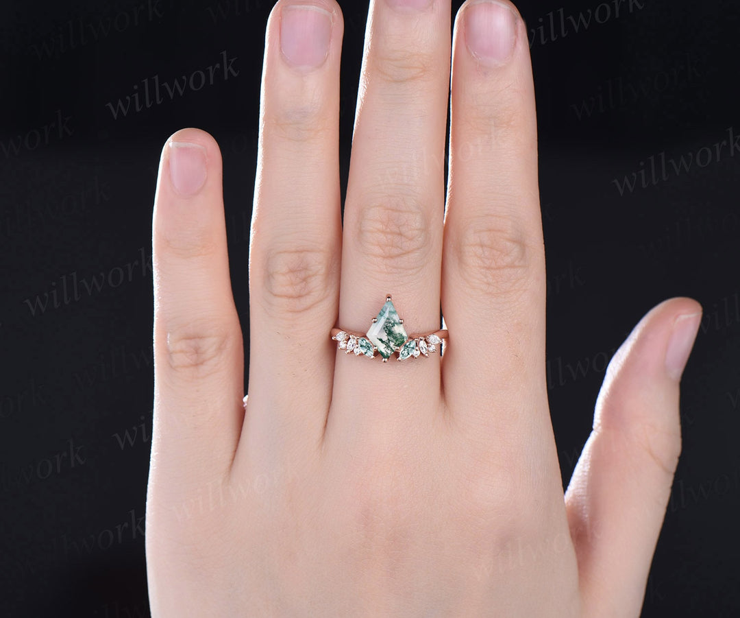 7x10mm Kite cut green moss agate engagement ring women rose gold marquise cut moss agate ring Curved diamond ring leaf wedding promise ring