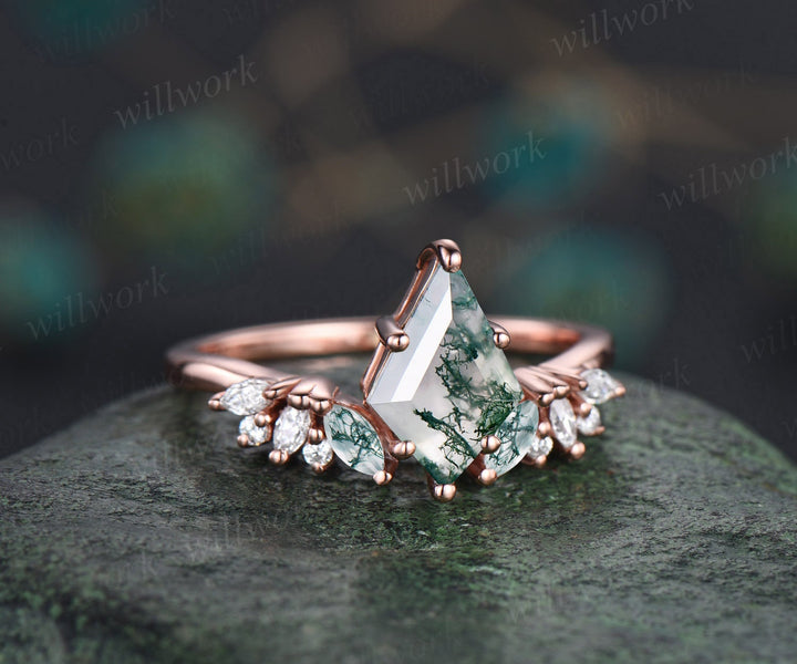7x10mm Kite cut green moss agate engagement ring women rose gold marquise cut moss agate ring Curved diamond ring leaf wedding promise ring