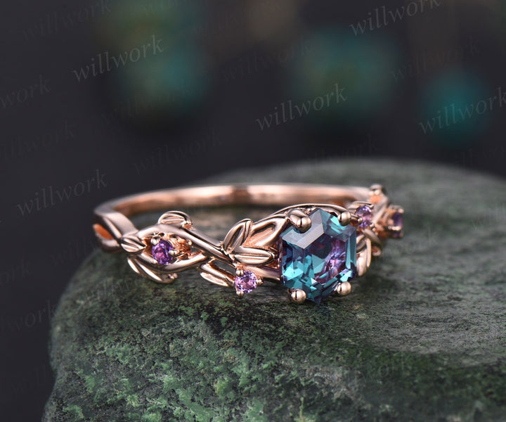 Alexandrite ring vintage hexagon cut Alexandrite engagement ring white gold leaf amethyst ring silver June birthstone ring anniversary ring