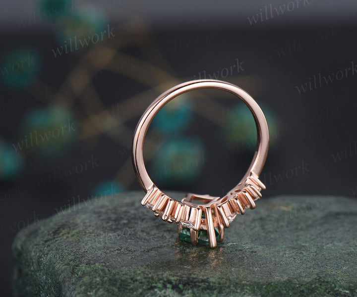Vintage 7x10mm kite cut green emerald engagement ring 14k rose gold marquise unique engagement ring for women antique diamond promise ring