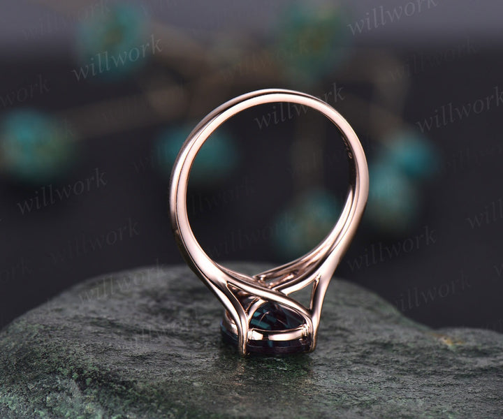 Vintage pear shaped alexandrite ring rose gold solitaire unique engagement ring 14k rose gold split shank promise bridal wedding ring women