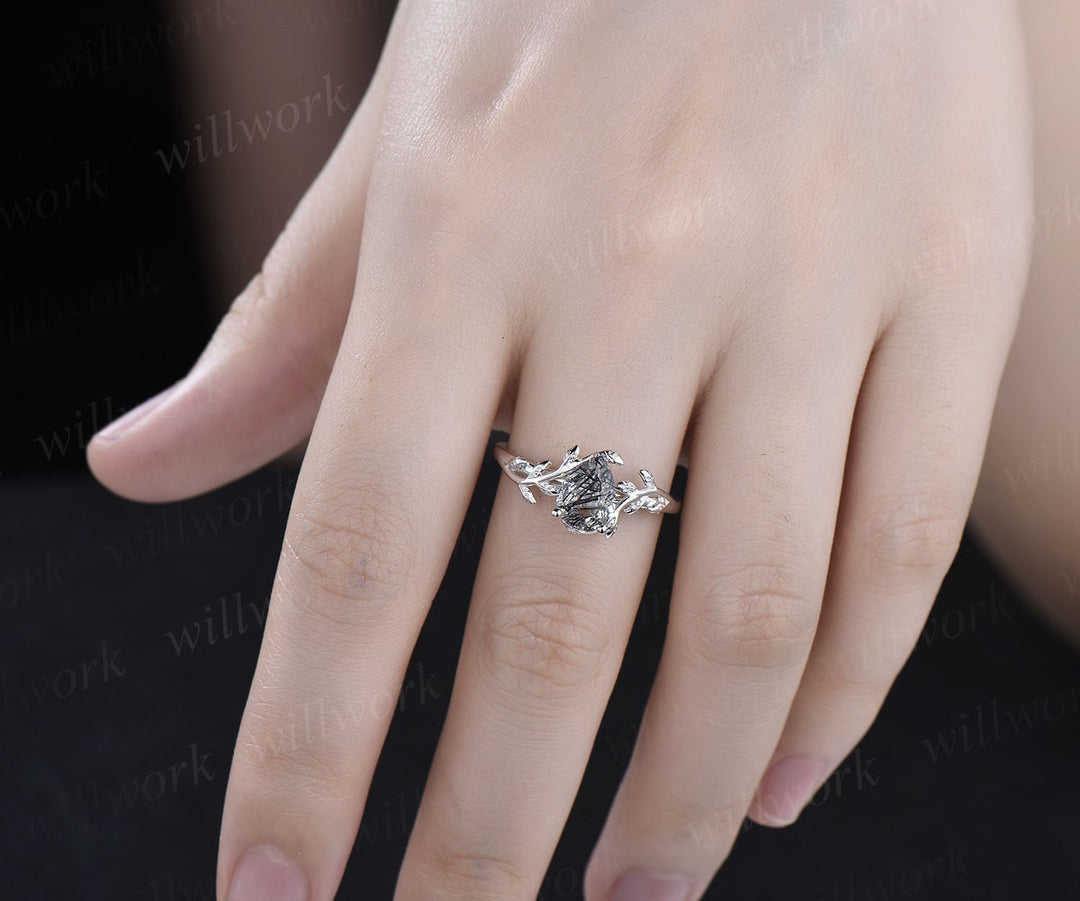 Pear shaped black rutilated quartz ring nature inspired engagement ring leaf 14k rose gold silver solitaire ring unique wedding ring women