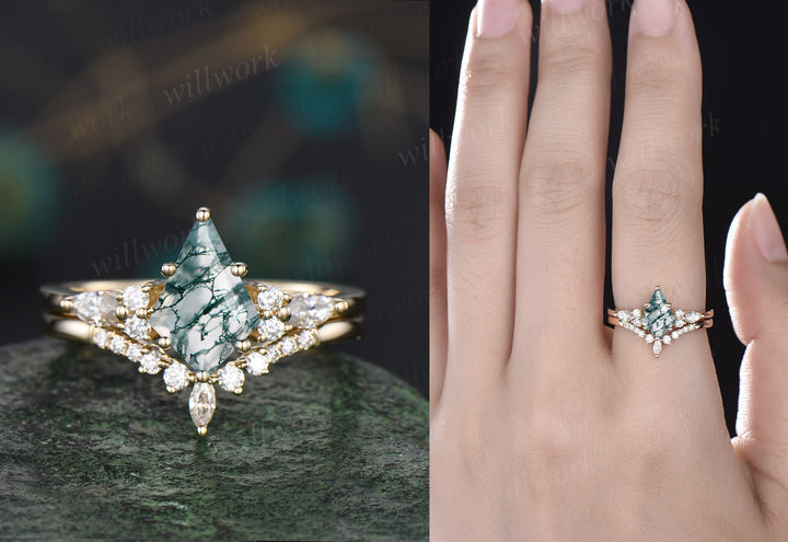 Vintage kite cut green moss agate engagement ring set 14k white gold marquise cut diamond ring for women unique bridal wedding ring set gift